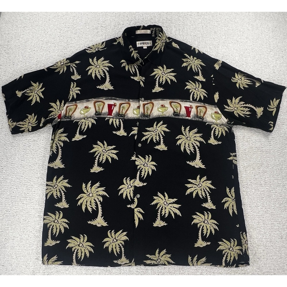 Campia Moda Shirt Mens XL Hawaiian Palm Tree Cocktail Black Short Sleeve EUC